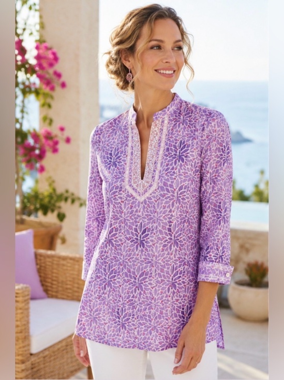 Robert Graham Promise Purple Floral Sequin V-Neck Tunic Top EUC L #2592